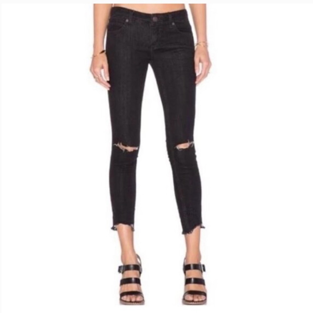 Free People Destroyed Raw Hem Black Skinny Ankle Jean Button Fly Size 24